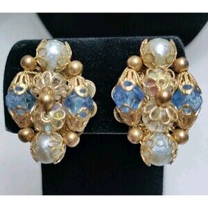 Czech Vintage Gold&2 Tone Blue Filagree Clip On Earrings 1.25"  X 1 "
